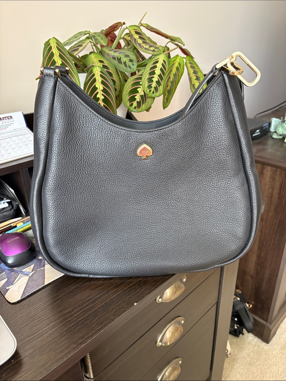 kate spade Black Pebbled Leather Shoulder Bag with Gold Accent